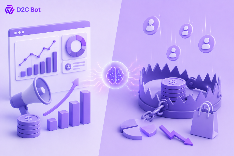 3D SaaS illustration comparing the ROAS trap with profitable ecommerce growth using AI analytics and D2CBot branding.
