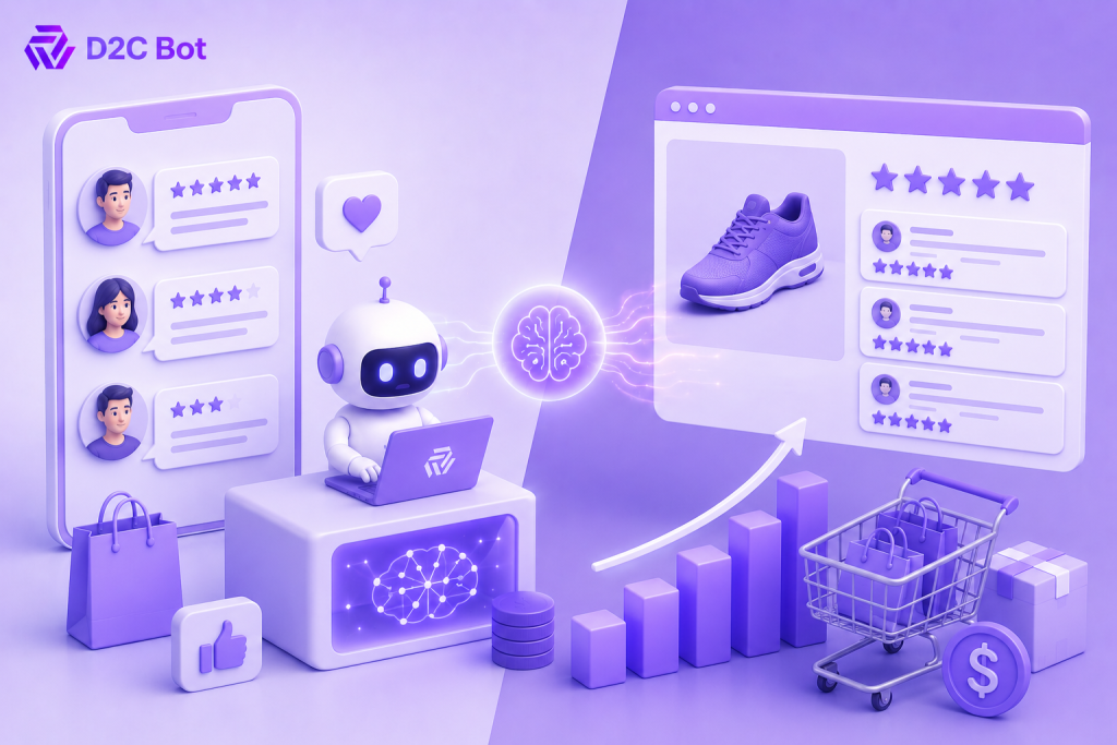 Premium 3D isometric illustration of an AI-powered product review generator transforming customer feedback into optimized product reviews, trust signals, sales insights, and ecommerce growth with D2CBot branding.
