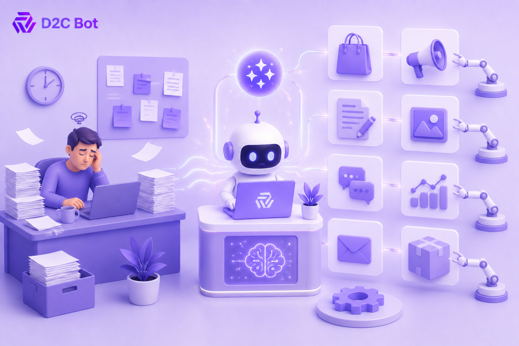 Premium 3D isometric illustration of AI automating repetitive ecommerce tasks, showing a busy merchant handing content creation, marketing, inventory management, customer support, analytics, and fulfillment workflows to an intelligent AI assistant with D2CBot branding