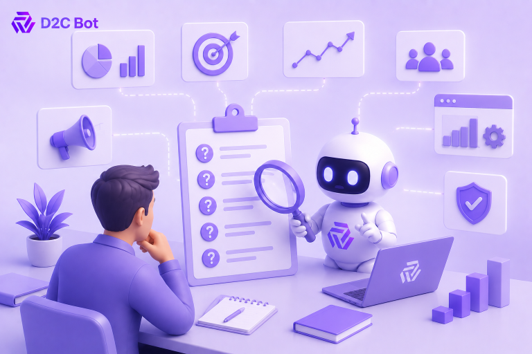 3D SaaS illustration of evaluating paid media agencies using AI-powered analytics and performance audits with D2CBot branding.