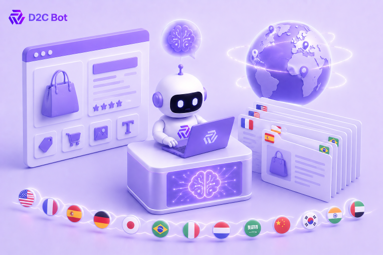 3D SaaS illustration of an AI multilingual ecommerce content generator supporting global stores with D2CBot branding.