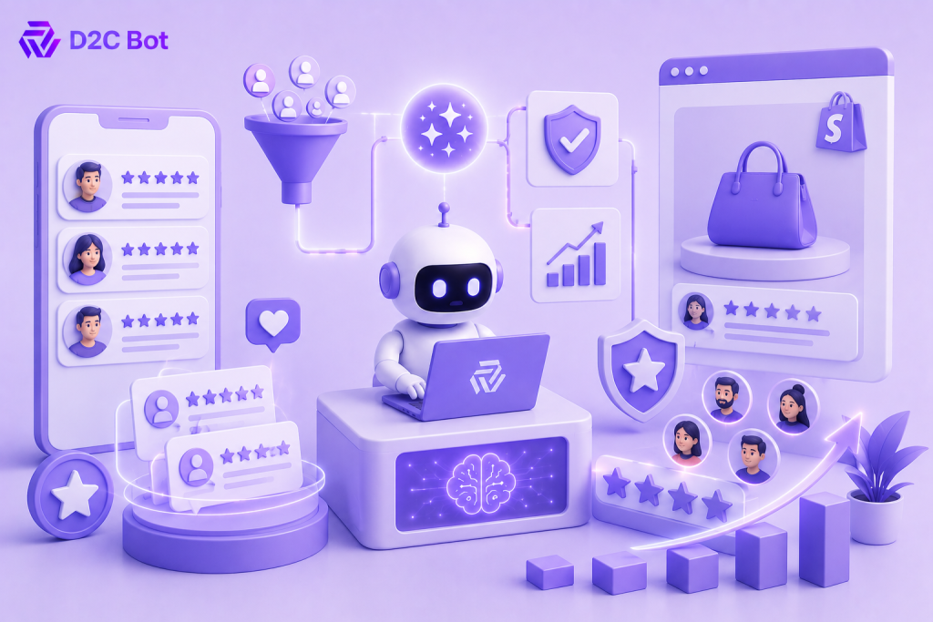 3D SaaS illustration of AI-generated authentic Shopify product reviews with customer trust signals and D2CBot branding.