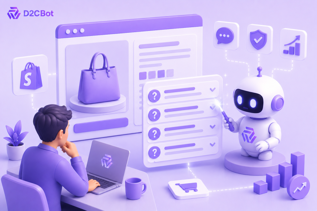 3D SaaS illustration of an AI FAQ generator for ecommerce product pages with D2CBot branding.