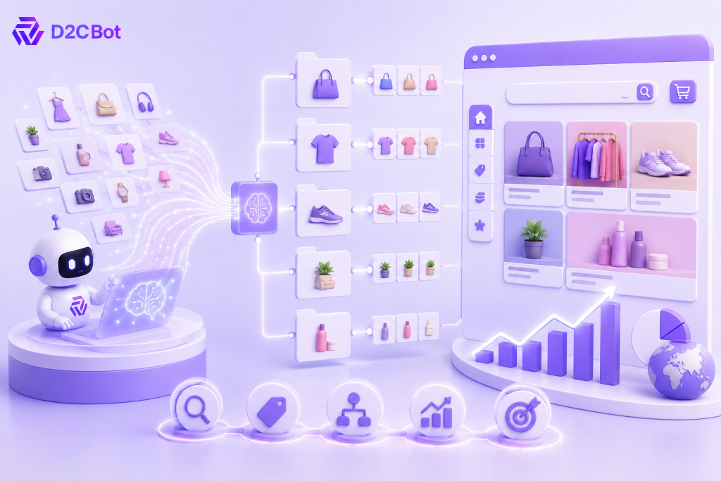 3D SaaS illustration of an AI category description generator for ecommerce SEO with D2CBot branding.
