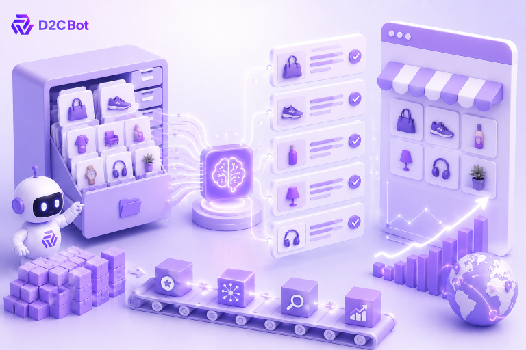 Premium 3D isometric illustration of an AI-powered SEO description writer for large ecommerce catalogs, automating product description creation, optimizing product listings, improving search visibility, and scaling online stores with D2CBot branding