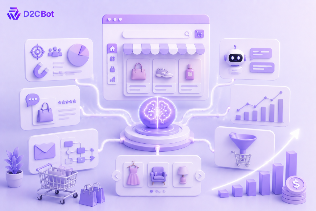 3D SaaS illustration of AI ecommerce tools boosting conversions and online sales with D2CBot branding.