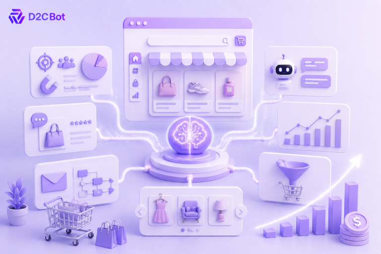 3D SaaS illustration of AI ecommerce tools boosting conversions and online sales with D2CBot branding.