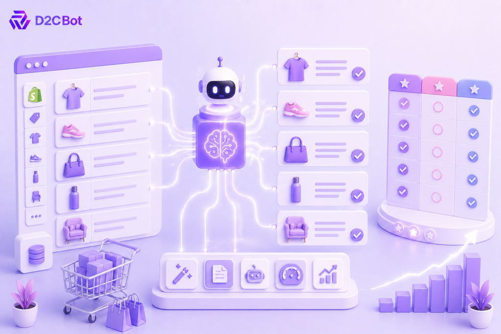 3D SaaS illustration comparing Shopify apps for AI bulk product descriptions with D2CBot branding.
