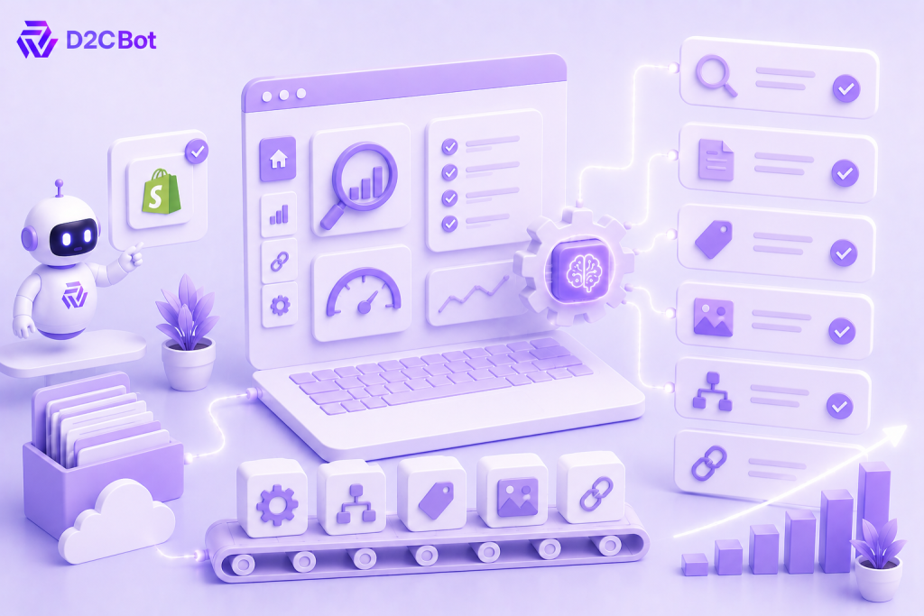 3D SaaS illustration of AI-powered Shopify SEO automation tasks with D2CBot branding.