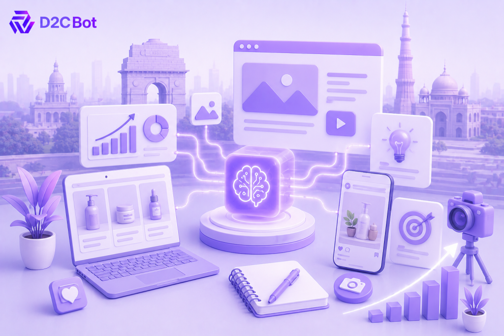 3D SaaS illustration of AI content marketing for D2C brands with D2CBot branding.