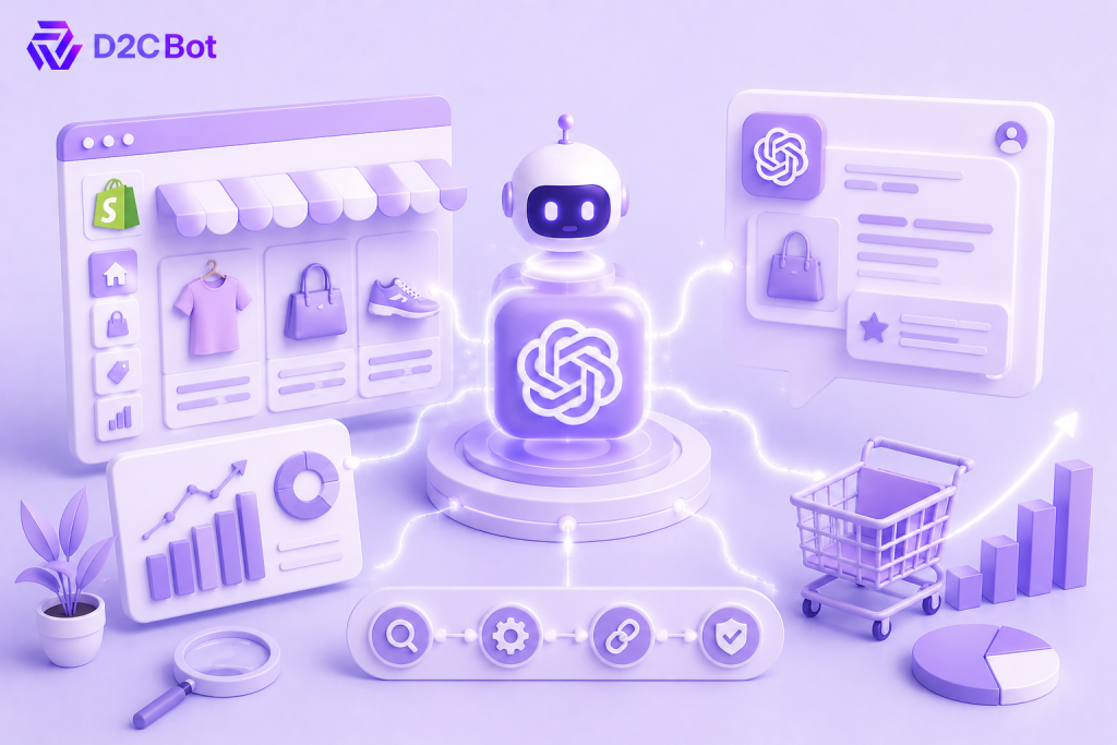 3D SaaS illustration of AI-powered search optimization for Shopify stores with D2CBot branding.