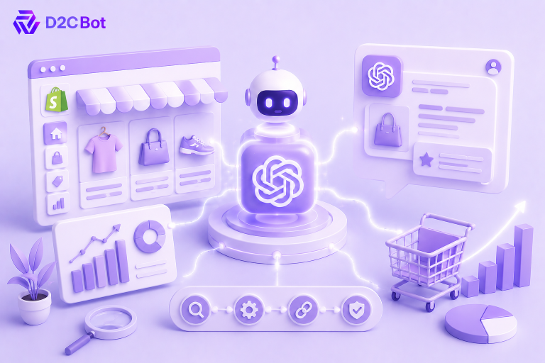 3D SaaS illustration of AI-powered search optimization for Shopify stores with D2CBot branding.