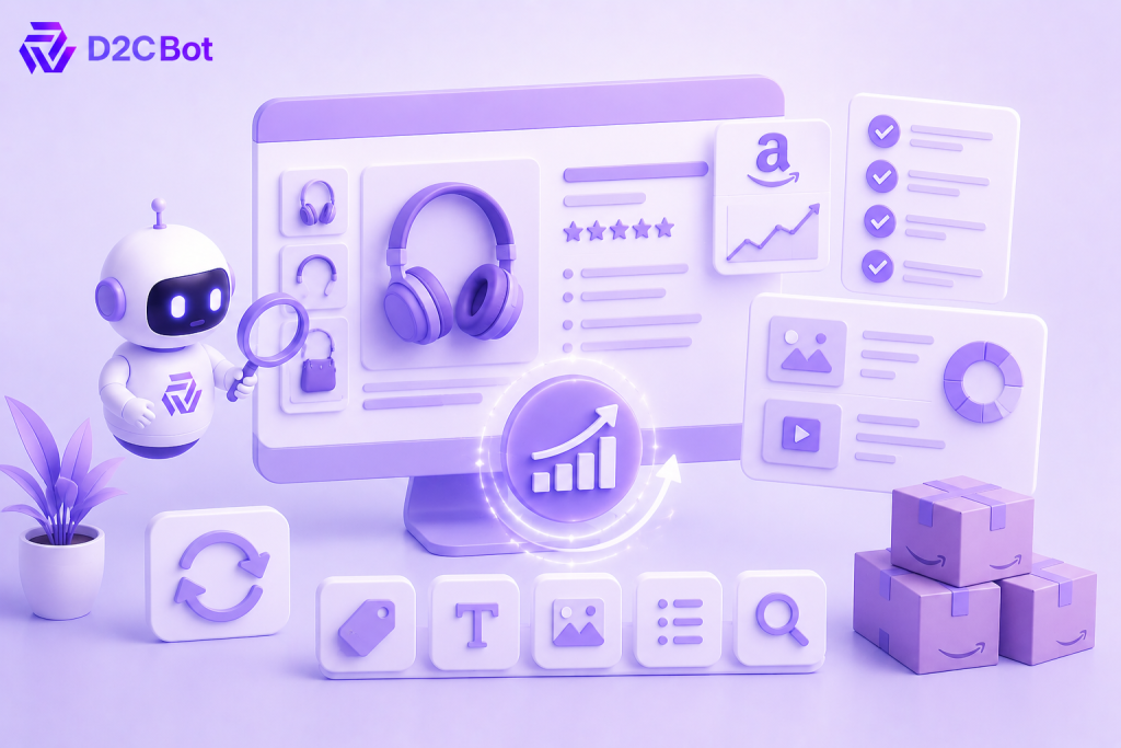 3D SaaS illustration of AI-powered Amazon listing optimization and content refresh with D2CBot branding.