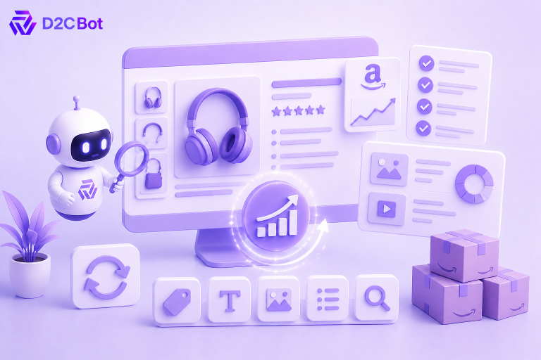 3D SaaS illustration of AI-powered Amazon listing optimization and content refresh with D2CBot branding.