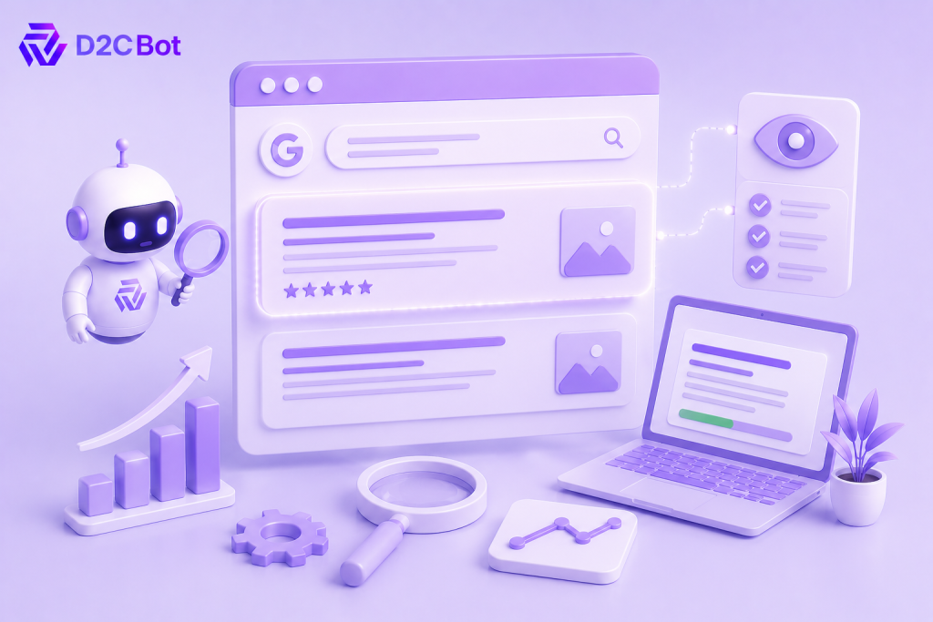 3D SaaS illustration of an AI-powered SERP preview and SEO optimization tool with D2CBot branding.