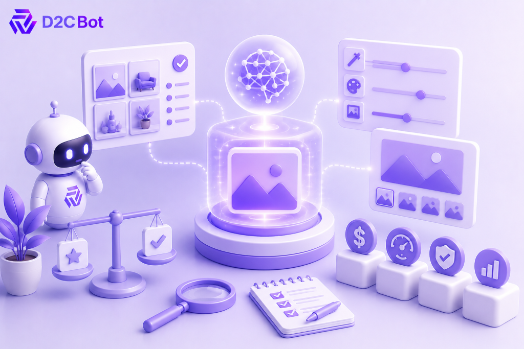 3D SaaS illustration of an AI image generator evaluation platform with D2CBot branding.