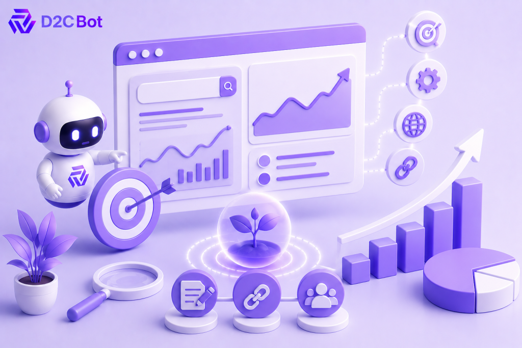 3D SaaS illustration of AI-powered organic traffic growth and SEO optimization with D2CBot branding.