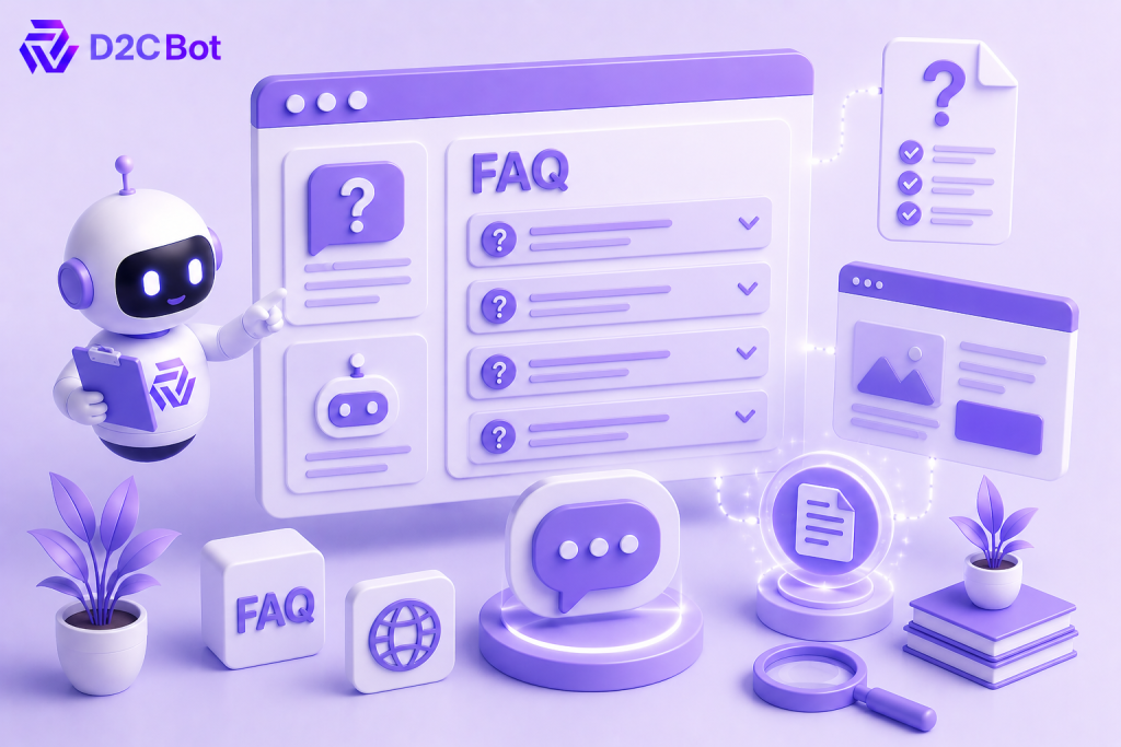 3D SaaS illustration of an AI-powered FAQ generator for websites with D2CBot branding.