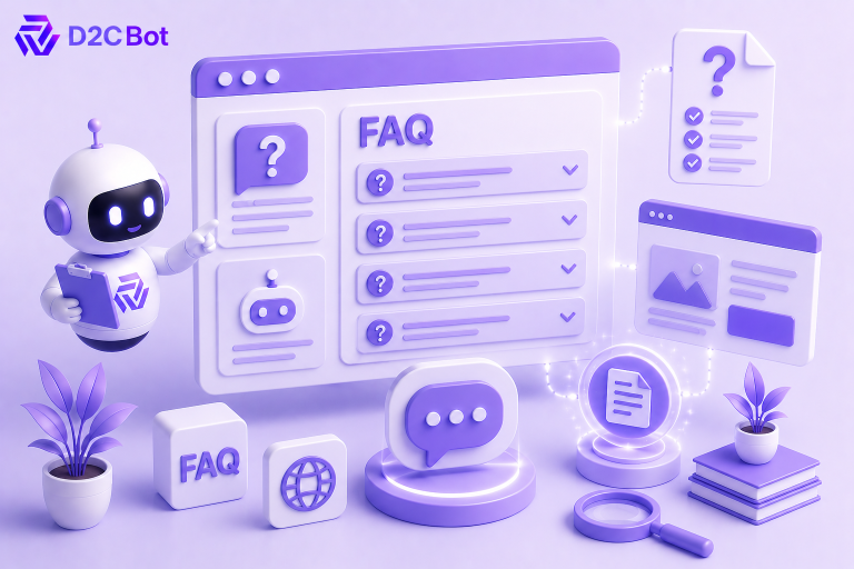3D SaaS illustration of an AI-powered FAQ generator for websites with D2CBot branding.
