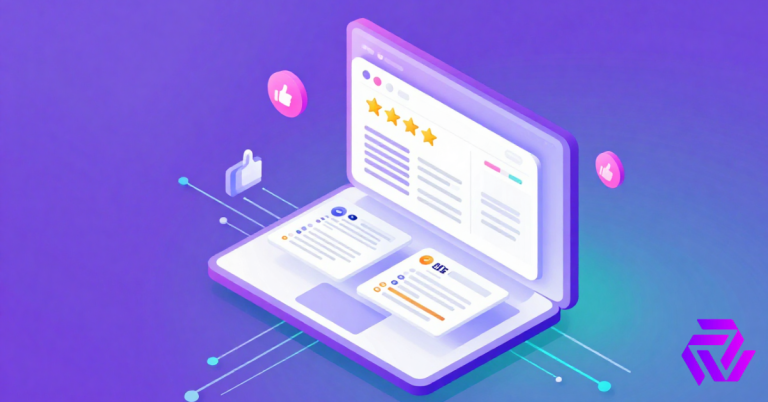 Generate Shopify product reviews AI tool shown creating star ratings and review cards on a laptop