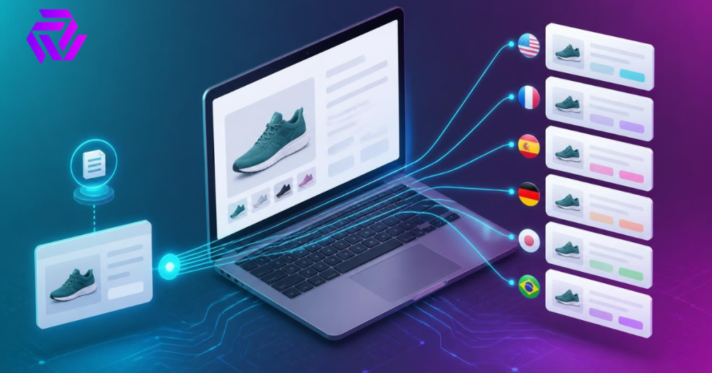 Multilingual product descriptions for Shopify shown generating 14 language variants on a laptop