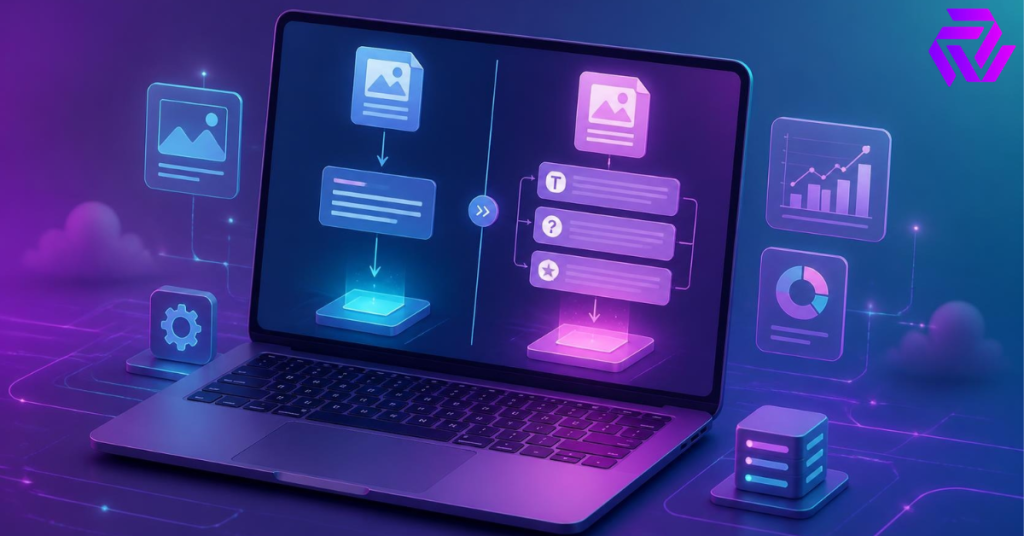 D2C Bot vs Shopify Magic comparison shown as two content workflows side by side on a laptop