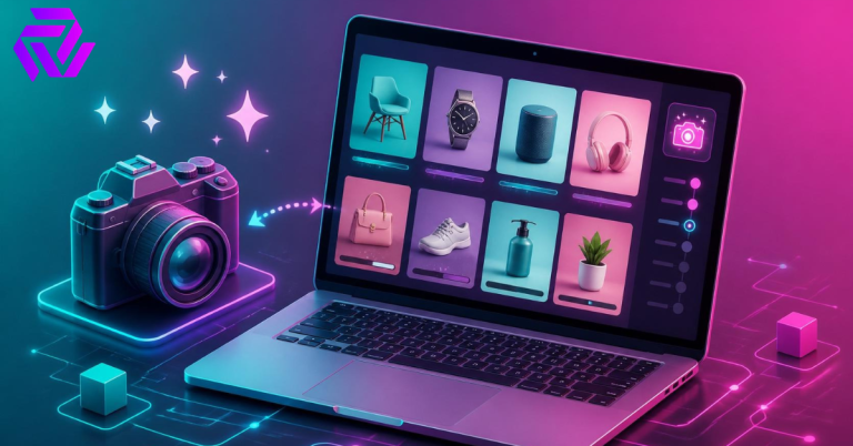 Bulk AI product image generation for Shopify shown creating multiple product photos on a laptop