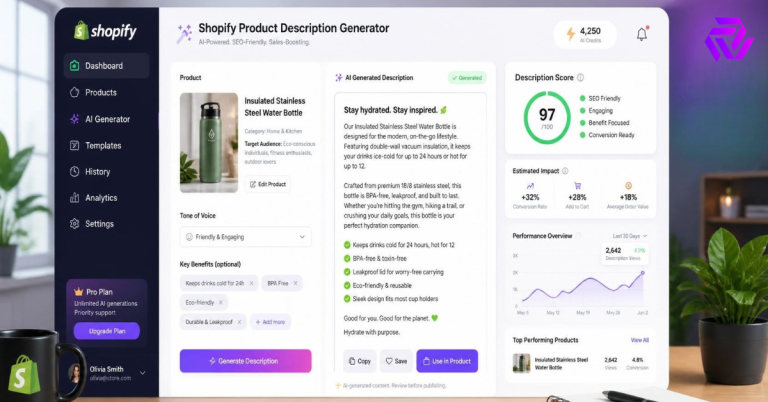 Best shopify product description generator india dashboard showing AI-written product copy