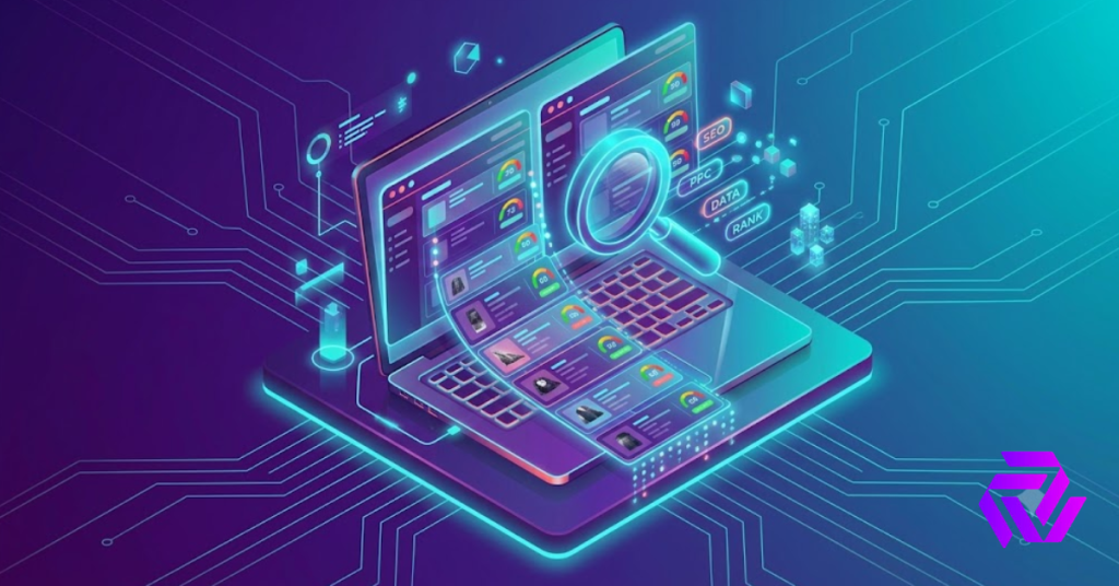 Current image: Best SEO description writer for mid to large catalogs shown processing hundreds of product listings on a laptop