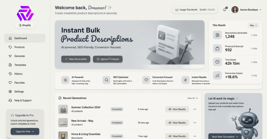 Shopify app for instant bulk product descriptions dashboard view