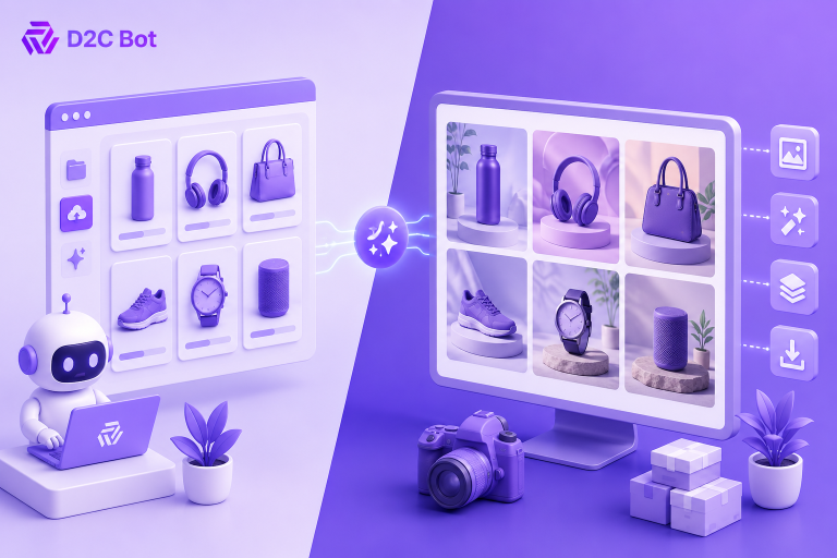 3D SaaS illustration of an AI bulk product image generator converting standard product images into premium ecommerce visuals with D2CBot branding