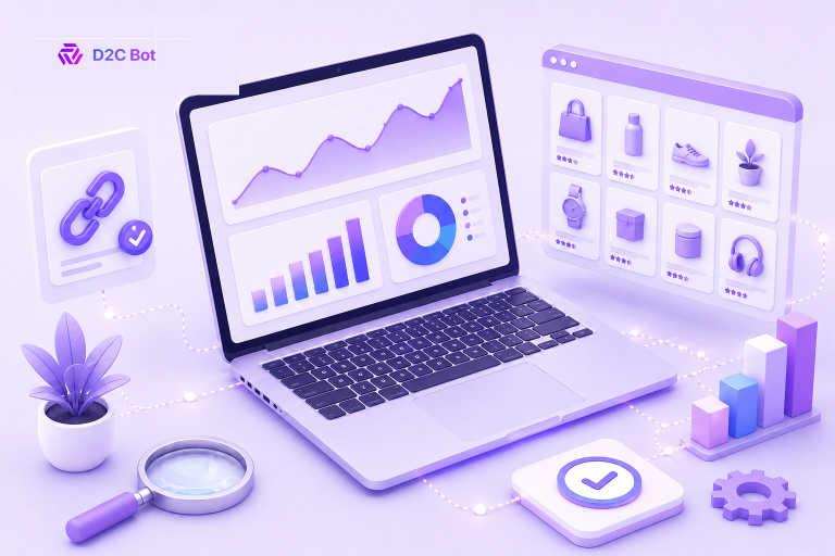 3D isometric illustration of a laptop with an ecommerce analytics dashboard, sales charts, and a product catalog, surrounded by SEO and performance icons, branded with D2C Bot logo, in purple and lavender tones