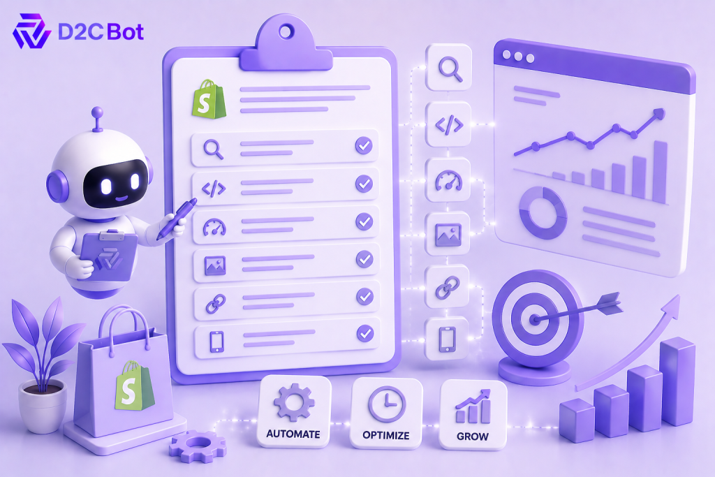 3D SaaS illustration of an AI-powered Shopify SEO automation checklist with D2CBot branding.