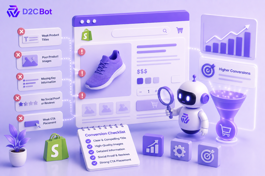 3D SaaS illustration of AI-powered Shopify product page optimization to improve conversion rates with D2CBot branding.