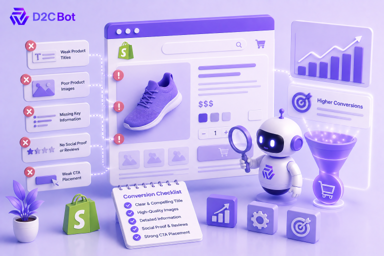 3D SaaS illustration of AI-powered Shopify product page optimization to improve conversion rates with D2CBot branding.