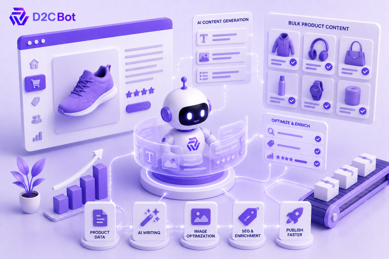 3D SaaS illustration of AI-powered ecommerce product content automation with D2CBot branding.