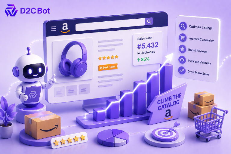 3D SaaS illustration of AI-powered Amazon sales rank optimization with D2CBot branding.