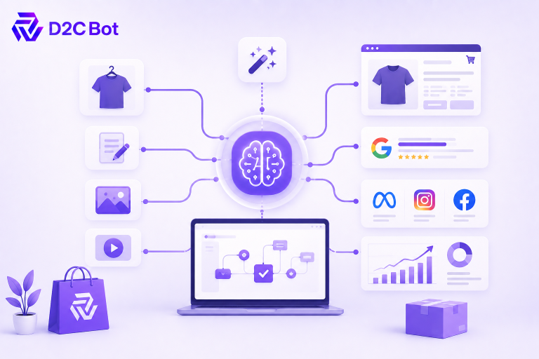 AI-powered product content workflow platform for fast ecommerce content publishing with D2CBot branding.