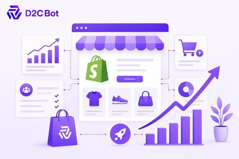 AI-powered Shopify ecommerce growth platform with D2CBot branding.
